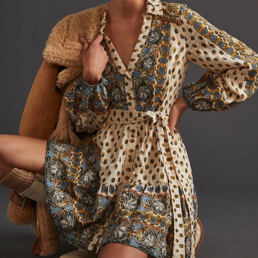 Anthropologie Floral Embroidered Long Sleeves Cream Silver Mini Shirt Dress XS - Picture 3 of 6
